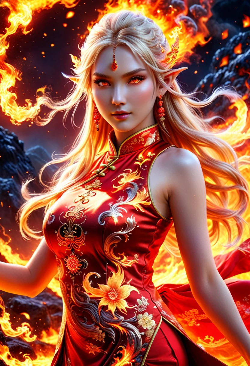 high details, best quality, 16k, [ultra detailed], masterpiece, best quality, (extremely detailed), full body, ultra wide shot, photorealistic, fantasy art, dnd art, rpg art, realistic art, an ultra wide picture of a female elf (intricate details, wearing fiery (Cheongsam: 1.3), Masterpiece, best quality: 1.5) goddess of fire ((fiery radiant aura)), controlling a swirling red fire, fiery red radiant magic (1.5 intricate details, Masterpiece, best quality), manipulating purple radiant magical symbols, [[divine symbols]] (intricate details, Masterpiece, best quality: 1.5), elf female, blond hair, long hair, hair with aura, with red radiant eyes, intense eyes, ((radiant eyes)), (( red glowing eyes)), she wears Cheongsam with fiery patterns, the fire leaps from the Cheongsam, fantasy volcano back ground, streams of lava, celestial background, ((divine worship atmosphere)), high details, best quality, highres, ultra wide angle, faize