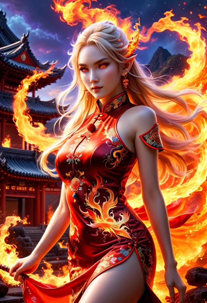 high details, best quality, 16k, [ultra detailed], masterpiece, best quality, (extremely detailed), full body, ultra wide shot, photorealistic, fantasy art, dnd art, rpg art, realistic art, an ultra wide picture of a female elf (intricate details, wearing fiery (Cheongsam: 1.3), Masterpiece, best quality: 1.5) goddess of fire ((fiery radiant aura)), controlling a swirling red fire, fiery red radiant magic (1.5 intricate details, Masterpiece, best quality), manipulating purple radiant magical symbols, [[divine symbols]] (intricate details, Masterpiece, best quality: 1.5), elf female, blond hair, long hair, hair with aura, with red radiant eyes, intense eyes, ((radiant eyes)), (( red glowing eyes)), she wears Cheongsam with fiery patterns, the fire leaps from the Cheongsam, fantasy volcano back ground, streams of lava, celestial background, ((divine worship atmosphere)), high details, best quality, highres, ultra wide angle, faize