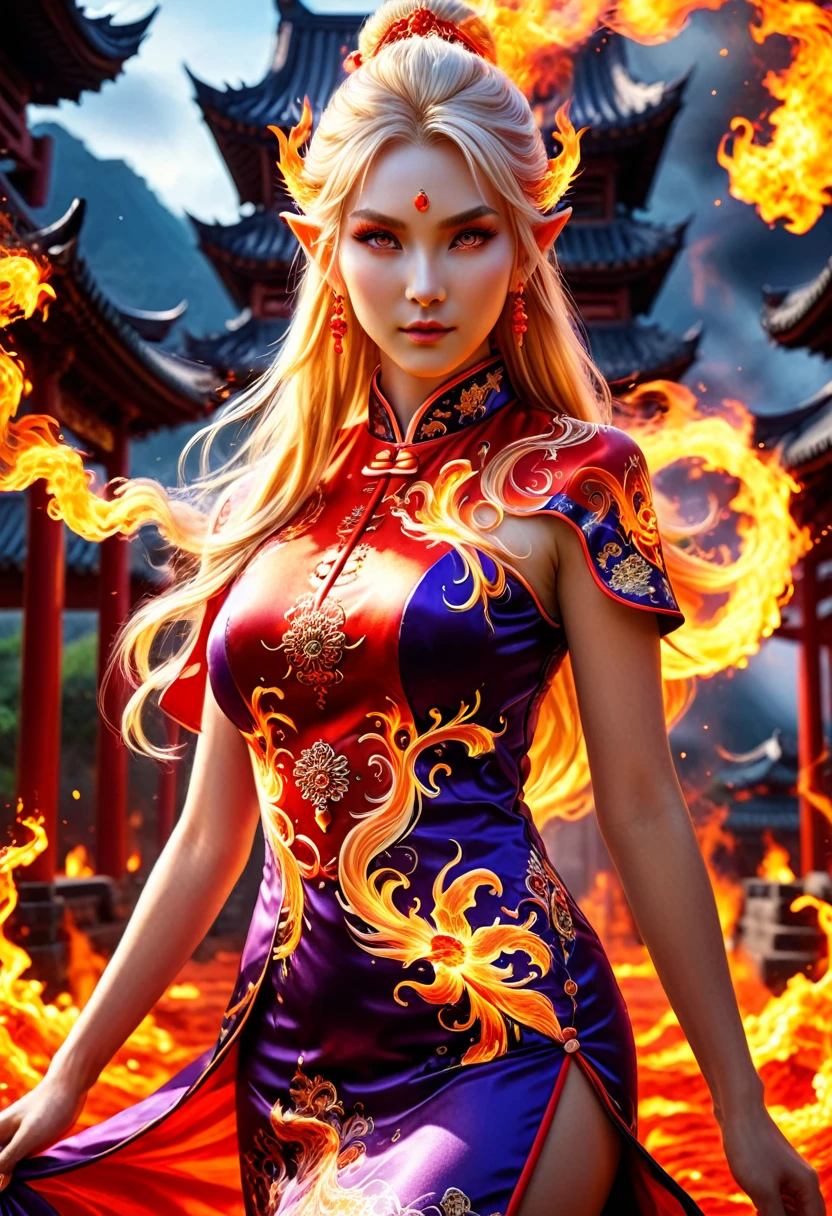 high details, best quality, 16k, [ultra detailed], masterpiece, best quality, (extremely detailed), full body, ultra wide shot, photorealistic, fantasy art, dnd art, rpg art, realistic art, an ultra wide picture of a female elf (intricate details, wearing fiery (Cheongsam: 1.3), Masterpiece, best quality: 1.5) goddess of fire ((fiery radiant aura)), controlling a swirling red fire, fiery red radiant magic (1.5 intricate details, Masterpiece, best quality), manipulating purple radiant magical symbols, [[divine symbols]] (intricate details, Masterpiece, best quality: 1.5), elf female, blond hair, long hair, hair with aura, with red radiant eyes, intense eyes, ((radiant eyes)), (( red glowing eyes)), she wears Cheongsam with fiery patterns, the fire leaps from the Cheongsam, fantasy volcano back ground, streams of lava, celestial background, ((divine worship atmosphere)), high details, best quality, highres, ultra wide angle, faize