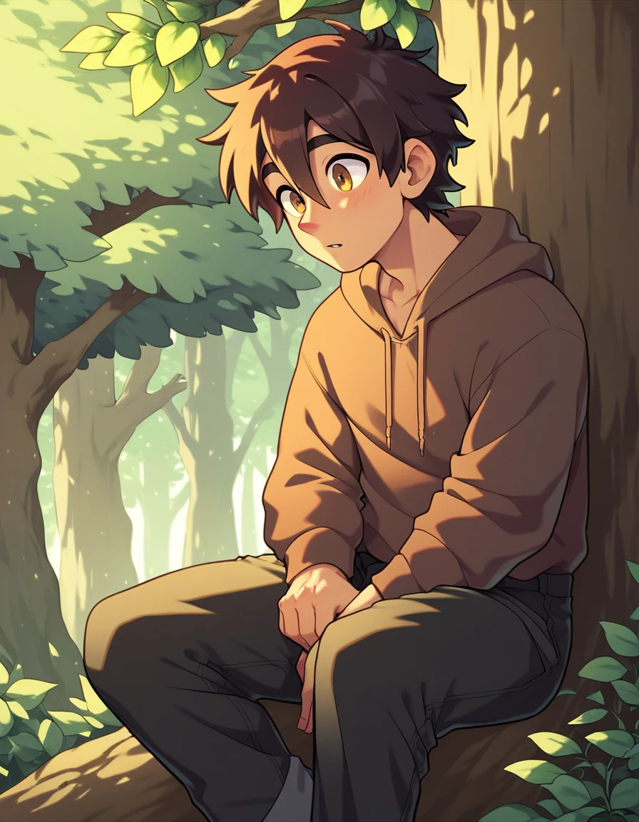 A man sitting against a tree in a forest during the day, wearing a brown hoodie and black cargo pants. The clothing is baggy and oversized, with long sleeves. He has dark brown, medium hair, hair between eyes, and brown eyes. The scene is well-detailed and of the highest quality