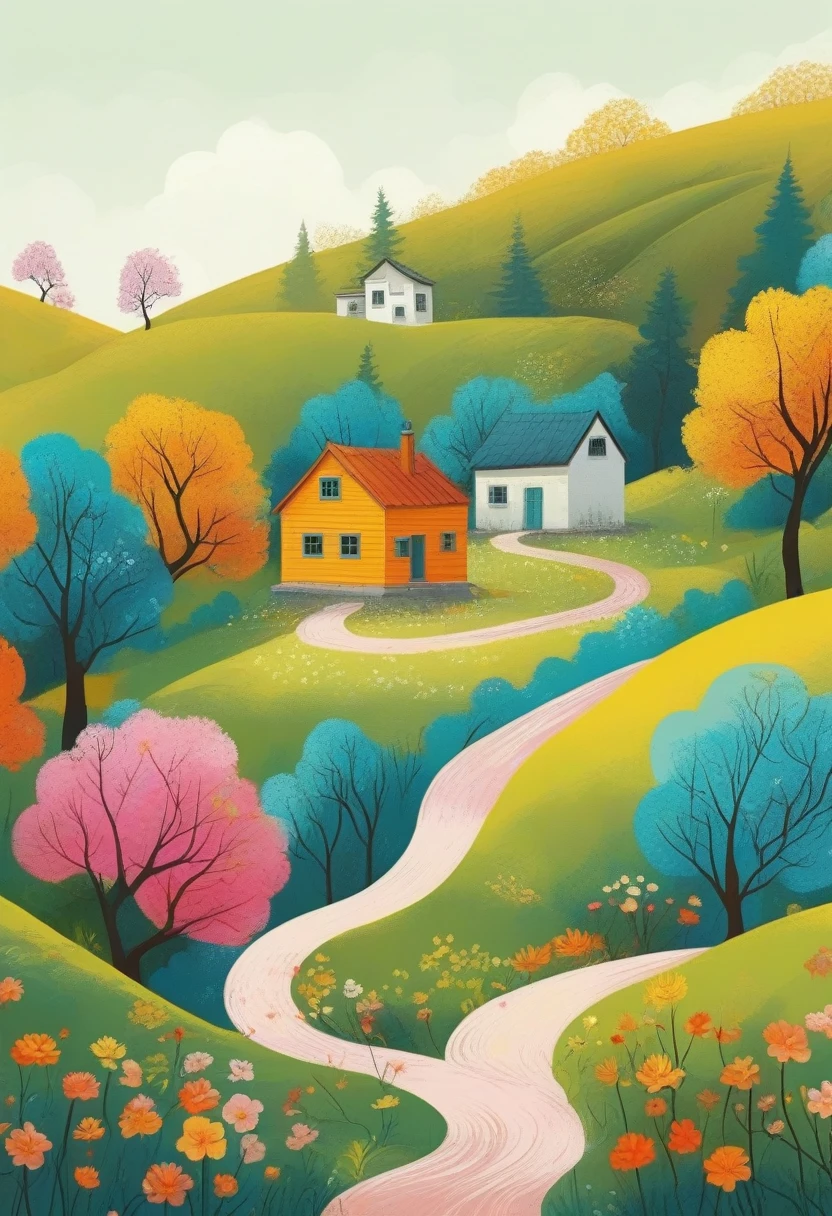 Vector,Minimalism,spring,Colorful woods and winding paths,Old man back,Small house in the distance