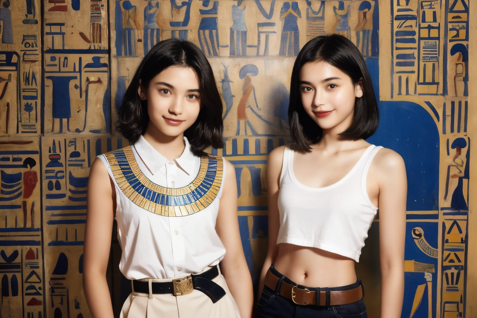 246 (In the mural２people々), (An 18-year-old female and an 18-year-old male), short hair,kind, lipstick, Egyptian civilization, Waist belt, Hieroglyphics, smile