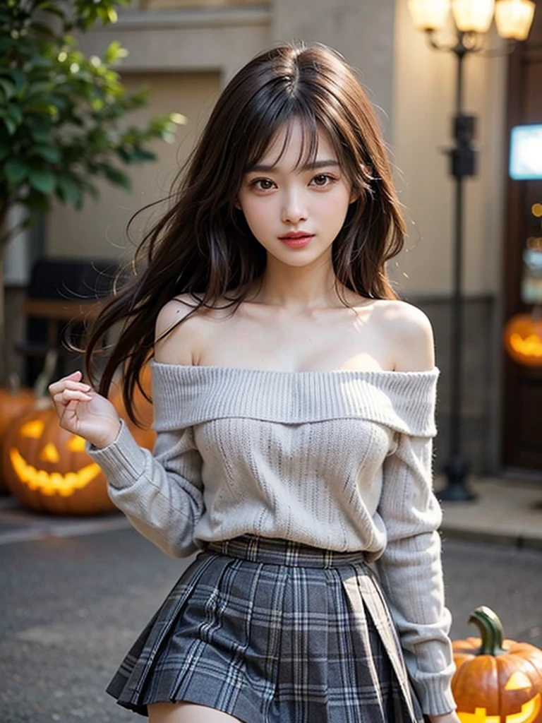 One beautiful girl, Very beautiful detailed face, Laugh shyly, Medium chest, Deep valley), (Off-the-shoulder sweater, Oversized sweater:1.3), (Skirt flip), (Roll up the skirt yourself), (Flip up the skirt), (Gray Tartan Check Pleated Skirt Lift Yourself), (Lace panties, Showing panties), (Wind power increase), Skirt fluttering in the wind, Lift up your skirt, Brown hair semi-long hair,bangs、 (Beautiful Face:1.2), high quality, Realistic, Very detailed CG 統合 8k 壁紙, Very detailed, High-resolution RAW color photos, Professional photography, Realistic portrait, Cinematic Light, Beautiful details, Super detailed, Attention to detail, (((Bokeh))), Depth of written boundary, illumination, Neon Street, Super stylish lighting, Halloween Night, Pumpkin lantern