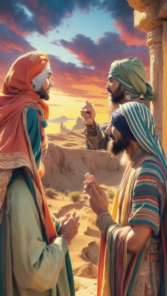 two men in turbans talking in the desert, joseph and joseph, realistic