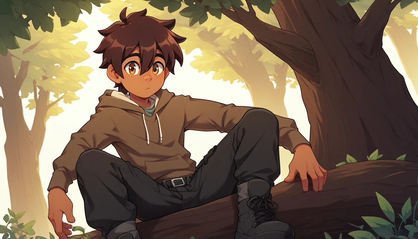 A man sitting against a tree in a forest during the day, wearing a brown hoodie and black cargo pants. The clothing is baggy and oversized, with long sleeves. He has dark brown, medium hair, hair between eyes, and brown eyes. The scene is well-detailed and of the highest quality