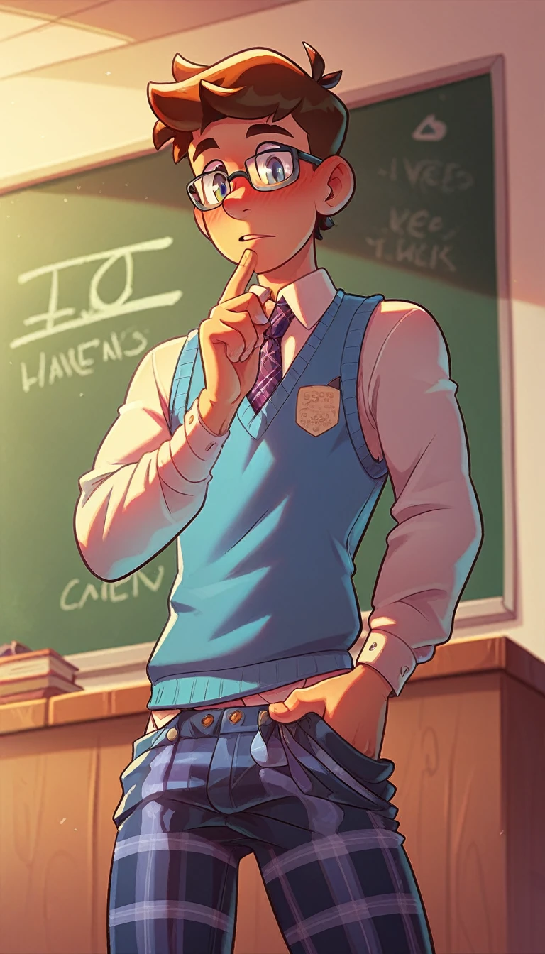 score_7, score_8, toon, (cartoon), 1man, ((solo)), nerd, a handsome man, brown hair, styled hair, adjusting glasses, holding hard erection, black glasses, in front of a chalkboard, skinny body type, teacher, sweater vest, tie, plaid pants, blushing, small nose
