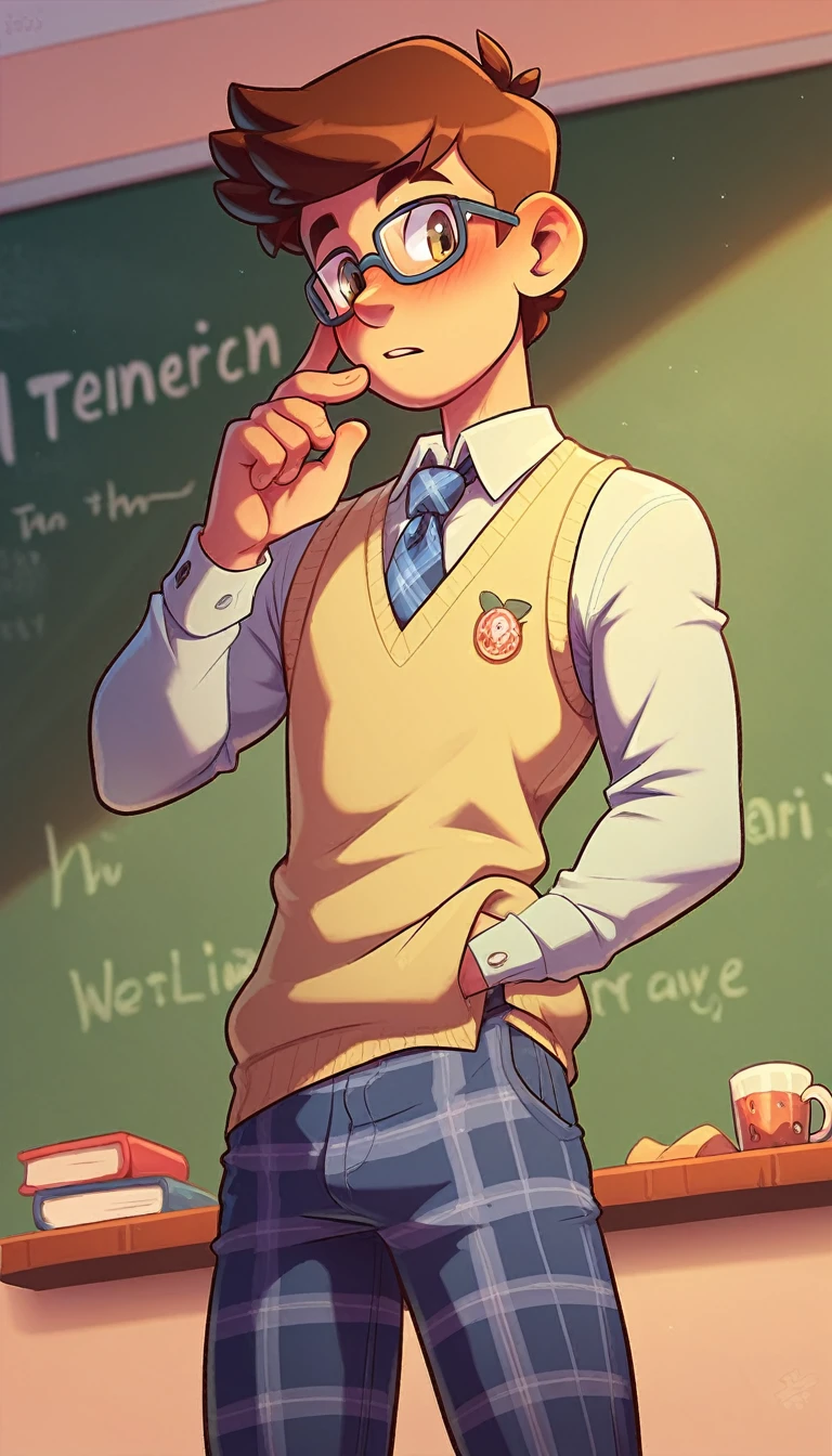 score_7, score_8, toon, (cartoon), 1man, ((solo)), nerd, a handsome man, brown hair, styled hair, adjusting glasses, holding hard erection, black glasses, in front of a chalkboard, skinny body type, teacher, sweater vest, tie, plaid pants, blushing, small nose