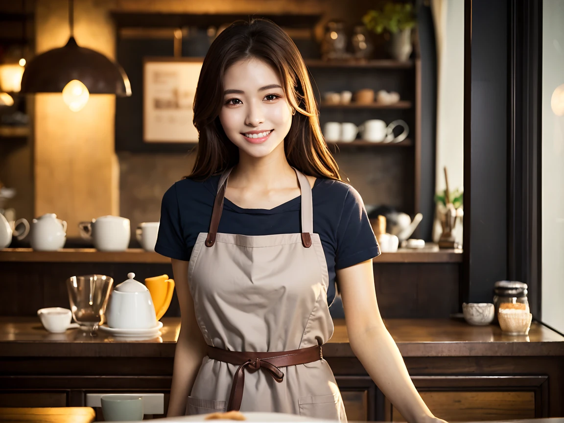 (Highest quality、Tabletop、8K、Best image quality、Award-winning works)、Woman working in a café、(The perfect brown apron:1.2)、(Standing elegantly in a cafe:1.1)、(Stylish shirt and apron:1.1)、(Big Breasts:1.1)、(Accentuate your body lines:1.1)、Beautiful woman portrait、The most elegant and cozy cafe、The most natural cafe, Perfectly organized、(The most atmospheric and warm lighting:1.1)、(The most romantic atmosphere:1.1)、Stylish and elegant cafe、Strongly blurred background、Look at me and smile、(Accurate anatomy:1.2)、Ultra high resolution perfect beautiful teeth、Ultra-high definition beauty face、Ultra HD Hair、Ultra HD The Shining Eyes、The Shining, Super high quality beautiful skin、Super high quality glossy lip