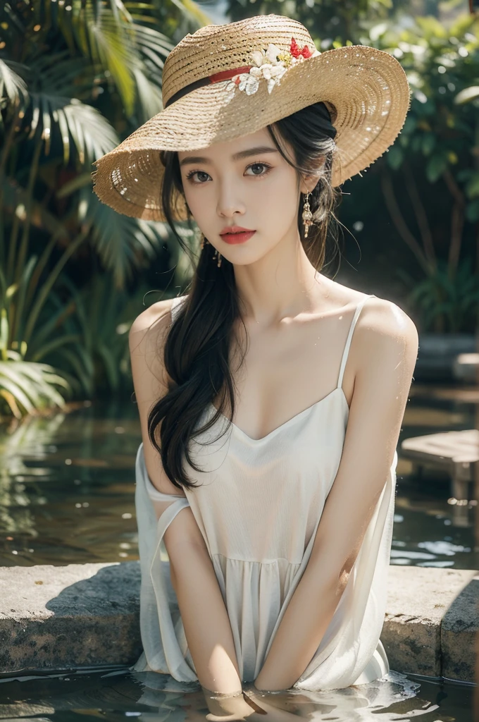 (((best quality))),(((ultra detailed))),(((masterpiece))),illustration,1 beautiful girl,slim,straw hat,shiny skin,dark skin,sweat,wet,flat chest,short Embroidered red cheongsam,bare arms,sitting in the pond filled with paddy,upper body,elegant, clear sky, sunlight, dreamy, contrast, natural,Chinese rural landscape,The body below the neck is in water