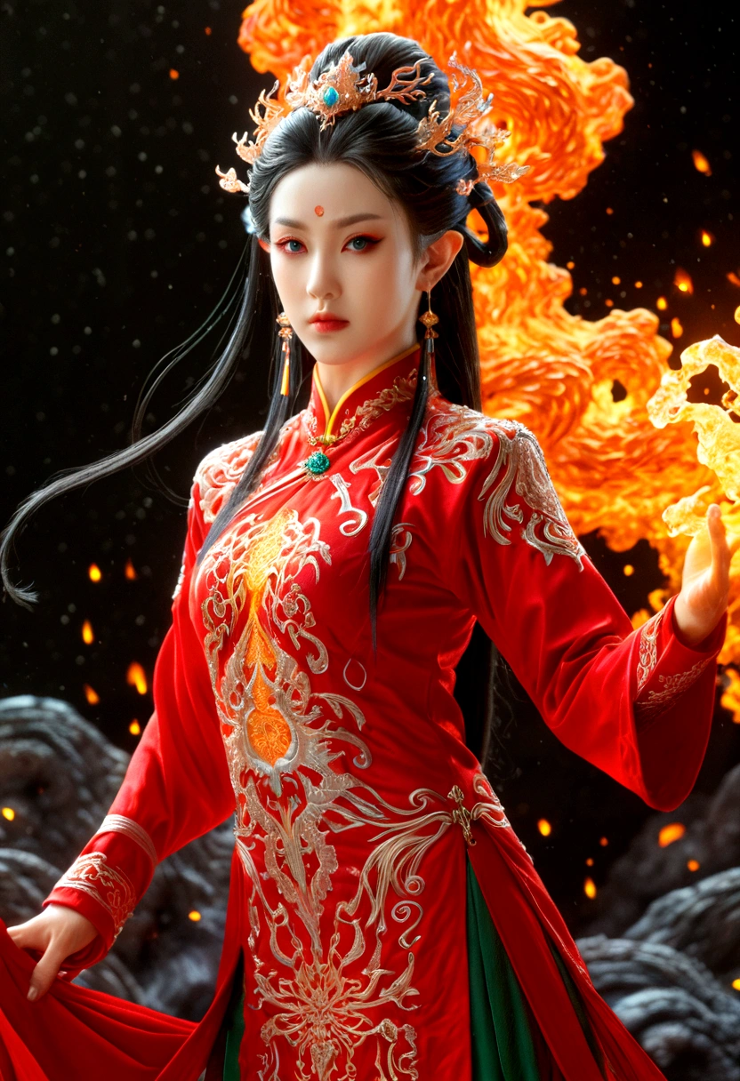 high details, best quality, 16k, [ultra detailed], masterpiece, best quality, (extremely detailed), full body, ultra wide shot, photorealistic, fantasy art, dnd art, rpg art, realistic art, an ultra wide picture of a female elf (intricate details, wearing fiery (Cheongsam: 1.3), Masterpiece, best quality: 1.5) goddess of fire ((fiery radiant aura)), controlling a swirling red fire, fiery red radiant magic (1.5 intricate details, Masterpiece, best quality), manipulating purple radiant magical symbols, [[divine symbols]] (intricate details, Masterpiece, best quality: 1.5), elf female, blond hair, long hair, hair with aura, with red radiant eyes, intense eyes, ((radiant eyes)), (( red glowing eyes)), she wears Cheongsam with fiery patterns, the fire leaps from the Cheongsam, fantasy volcano back ground, streams of lava, celestial background, ((divine worship atmosphere)), high details, best quality, highres, ultra wide angle, faize