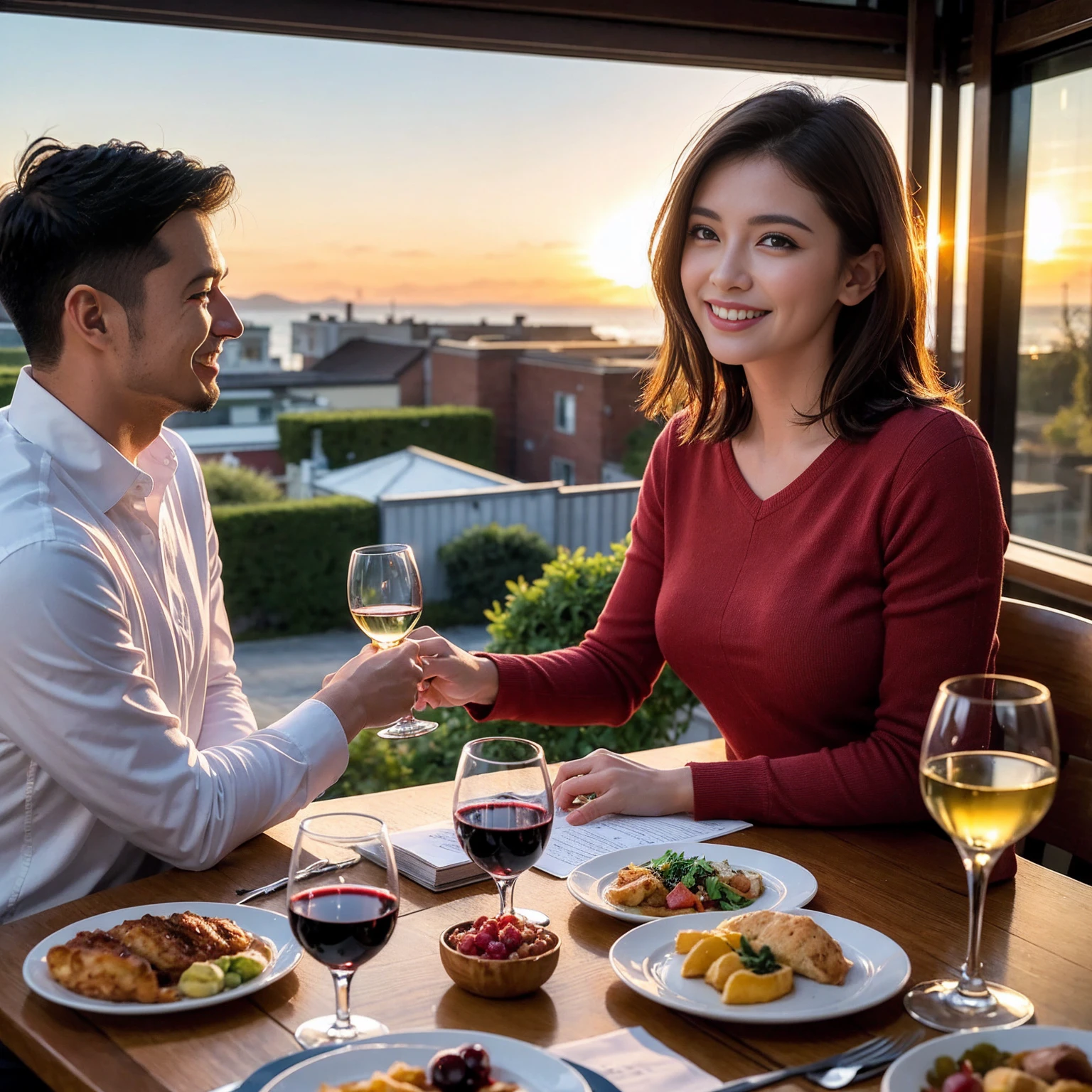 ((Highest quality、8K、masterpiece:1.3))、 (Genuineistic, Genuine、Bright image、Intricate details:1.2), 最高のsmile、1 male、1 female、Beautiful couple、Love Love Love、fiancee、Good friends、actress couple、smile、Full-course dinner at a packed table、 (Slim face), (the body is slim), (Brown Hair), (short hair), テーブルのwine glass、Please shine a light on my face、 Amazing view of the sunset sky and clouds、 39 years old, 41 years old、red wine 、Appetizers、Wine bottle、sparkling wine、Long sleeve shirt、dress、White wine, red wine, wine glass,
