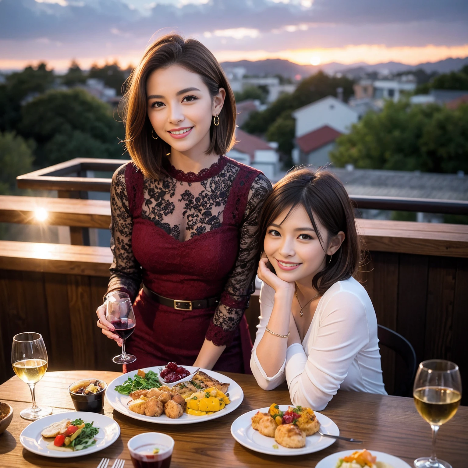 ((Highest quality、8K、masterpiece:1.3))、 (Genuineistic, Genuine、Bright image、Intricate details:1.2), 最高のsmile、1 male、1 female、Beautiful couple、Love Love Love、fiancee、Good friends、actress couple、smile、Full-course dinner at a packed table、 (Slim face), (the body is slim), (Brown Hair), (short hair), テーブルのwine glass、Please shine a light on my face、 Amazing view of the sunset sky and clouds、 39 years old, 41 years old、red wine 、Appetizers、Wine bottle、sparkling wine、Long sleeve shirt、dress、White wine, red wine, wine glass,