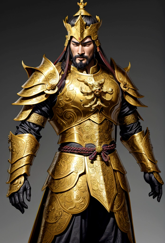 Araped man in golden armor with sword and crown, Photogenic details on the armor, Intricate armor details, Guan Yu, inspired by Ma Shi, Inspired by Lycan, detailed armor, Detailed cinematic rendering, Wearing sculpted textured armor, highly detailed armor, Wearing sculpted textured armor, elaborate bronze armor, Chinese armor, Cinematic Details, Chinese Warrior, Detailed complex ornate armor