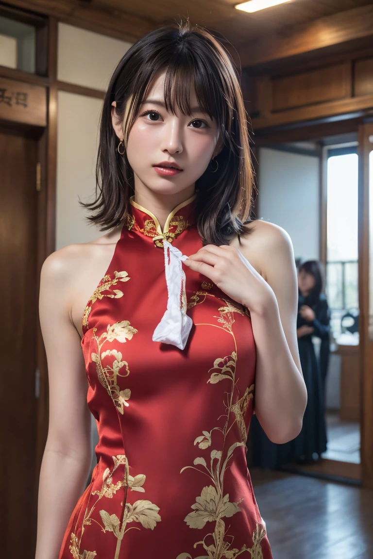 (8K, RAW Photos,Highest quality, High resolution:1.1), (Ultra-realistic:1.4),(Realistic, Realistic:1.3),The Beauty of Japan、((China dress:1.3))、((Upper Body:1.3)),holding panties