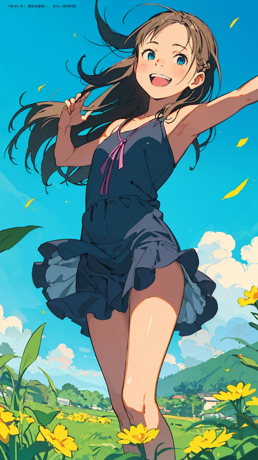 Reasonable design, Clear lines, High Sharpness, (Highest quality,4K,Perfect sharpness,Ultra fine,High resolution,masterpiece:1.2), Perfect Anatomy:1.5, Official Art, Illustrations that tell a story, (Whitish background:0. 9)、Body Positivity、多Mr.な身体表現、(Random and energetic poses)、Perfect beauty、Perfect beautiful face、Strong winds、A rich expression、Dynamic composition、smile、Golden ratio composition、colorful、((Mr.々Different angles and perspectives))、Anime Art、(Mini dress)、(Overcoming stereotypes)、 Glowing Skin、(Natural beauty)、smile、Bangs、(Soft and flowing hair)、(countryside)、(Nostalgic atmosphere)、Put up to your feet、(Playful and carefree)、(多Mr.な民族のキャラクター)、(innocent attitude)、(Sunny atmosphere)、(The skirt flutters wildly in the wind)、(Bright colors)、Beautiful Eyes、(Embarrassing)、Braided Hair、Summer Scene、Smiling among flowers