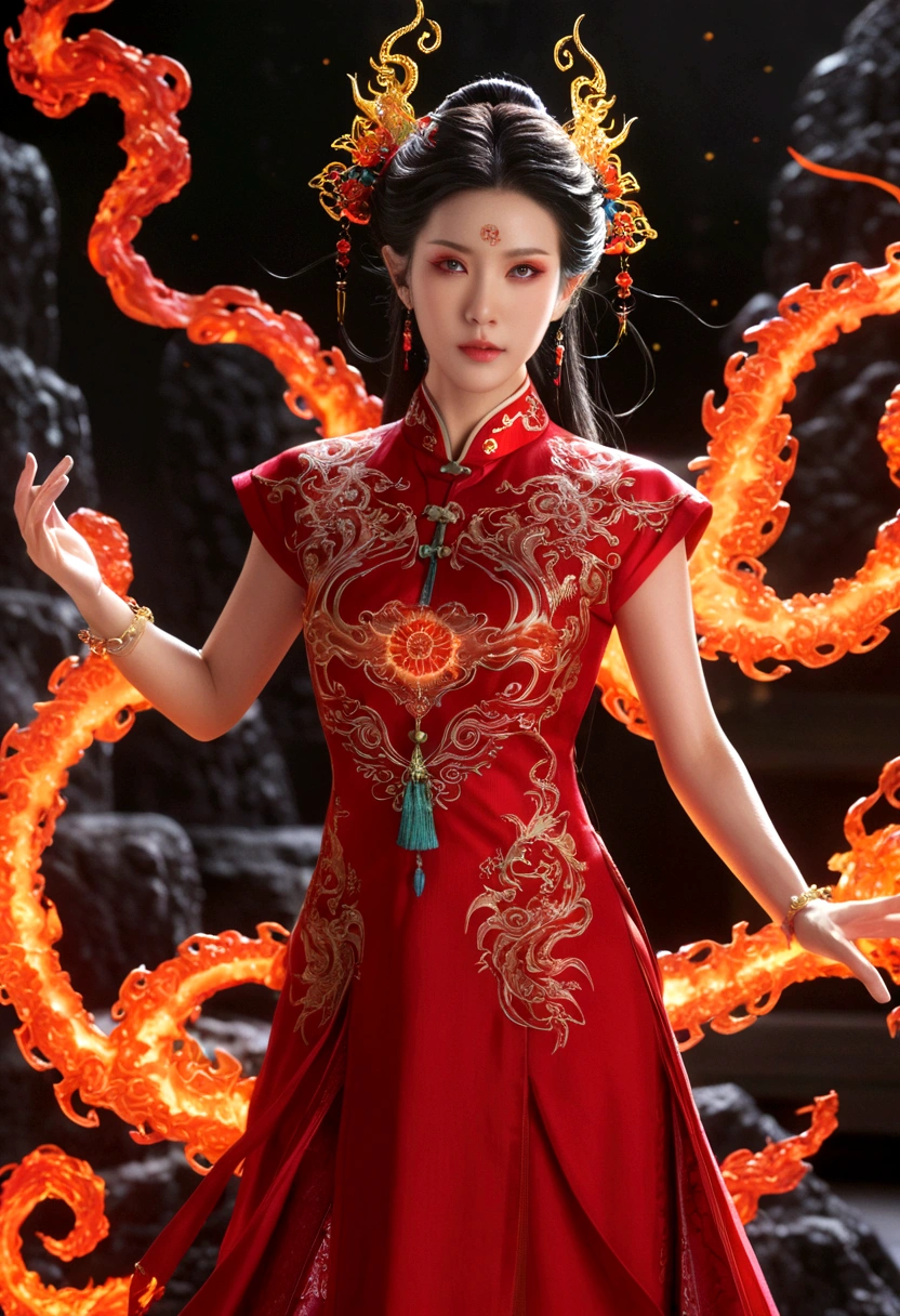 high details, best quality, 16k, [ultra detailed], masterpiece, best quality, (extremely detailed), full body, ultra wide shot, photorealistic, fantasy art, dnd art, rpg art, realistic art, an ultra wide picture of a female elf (intricate details, wearing fiery (Cheongsam: 1.3), Masterpiece, best quality: 1.5) goddess of fire ((fiery radiant aura)), controlling a swirling red fire, fiery red radiant magic (1.5 intricate details, Masterpiece, best quality), manipulating purple radiant magical symbols, [[divine symbols]] (intricate details, Masterpiece, best quality: 1.5), elf female, blond hair, long hair, hair with aura, with red radiant eyes, intense eyes, ((radiant eyes)), (( red glowing eyes)), she wears Cheongsam with fiery patterns, the fire leaps from the Cheongsam, fantasy volcano back ground, streams of lava, celestial background, ((divine worship atmosphere)), high details, best quality, highres, ultra wide angle, faize