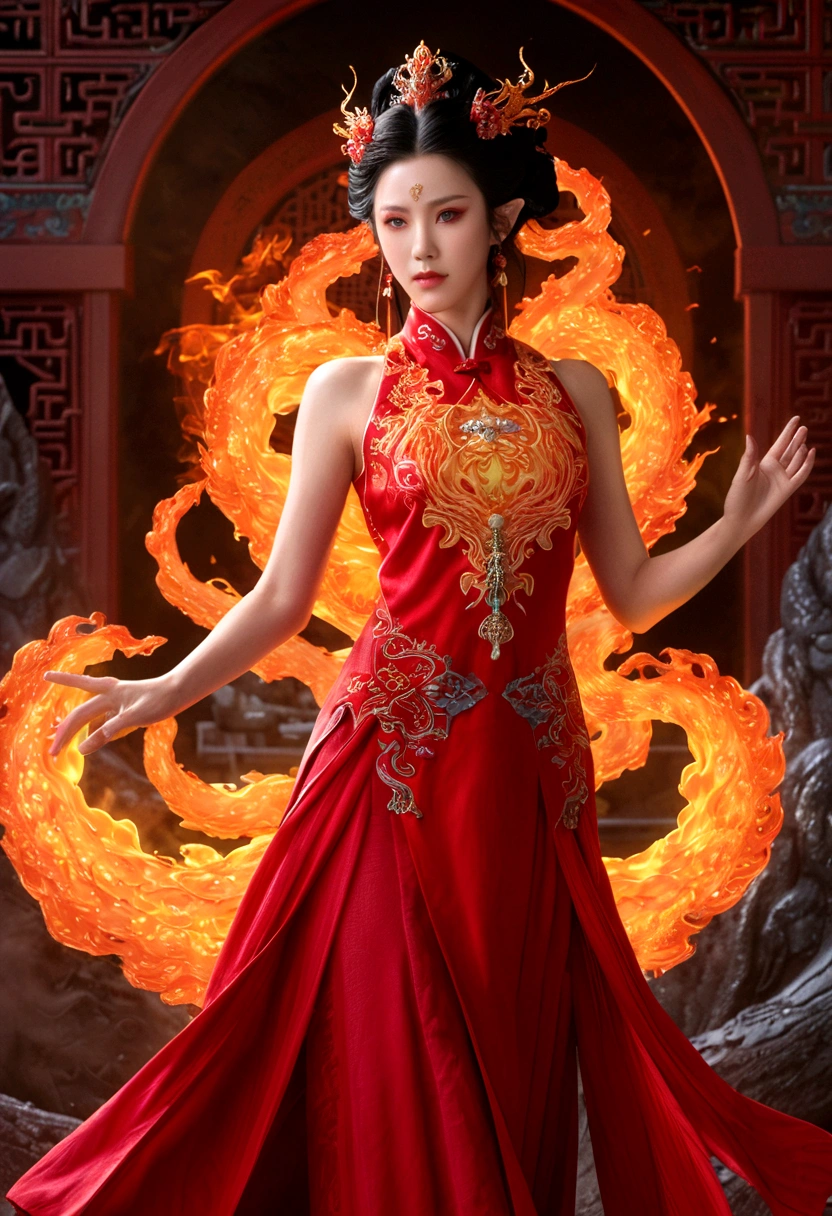 high details, best quality, 16k, [ultra detailed], masterpiece, best quality, (extremely detailed), full body, ultra wide shot, photorealistic, fantasy art, dnd art, rpg art, realistic art, an ultra wide picture of a female elf (intricate details, wearing fiery (Cheongsam: 1.3), Masterpiece, best quality: 1.5) goddess of fire ((fiery radiant aura)), controlling a swirling red fire, fiery red radiant magic (1.5 intricate details, Masterpiece, best quality), manipulating purple radiant magical symbols, [[divine symbols]] (intricate details, Masterpiece, best quality: 1.5), elf female, blond hair, long hair, hair with aura, with red radiant eyes, intense eyes, ((radiant eyes)), (( red glowing eyes)), she wears Cheongsam with fiery patterns, the fire leaps from the Cheongsam, fantasy volcano back ground, streams of lava, celestial background, ((divine worship atmosphere)), high details, best quality, highres, ultra wide angle, faize