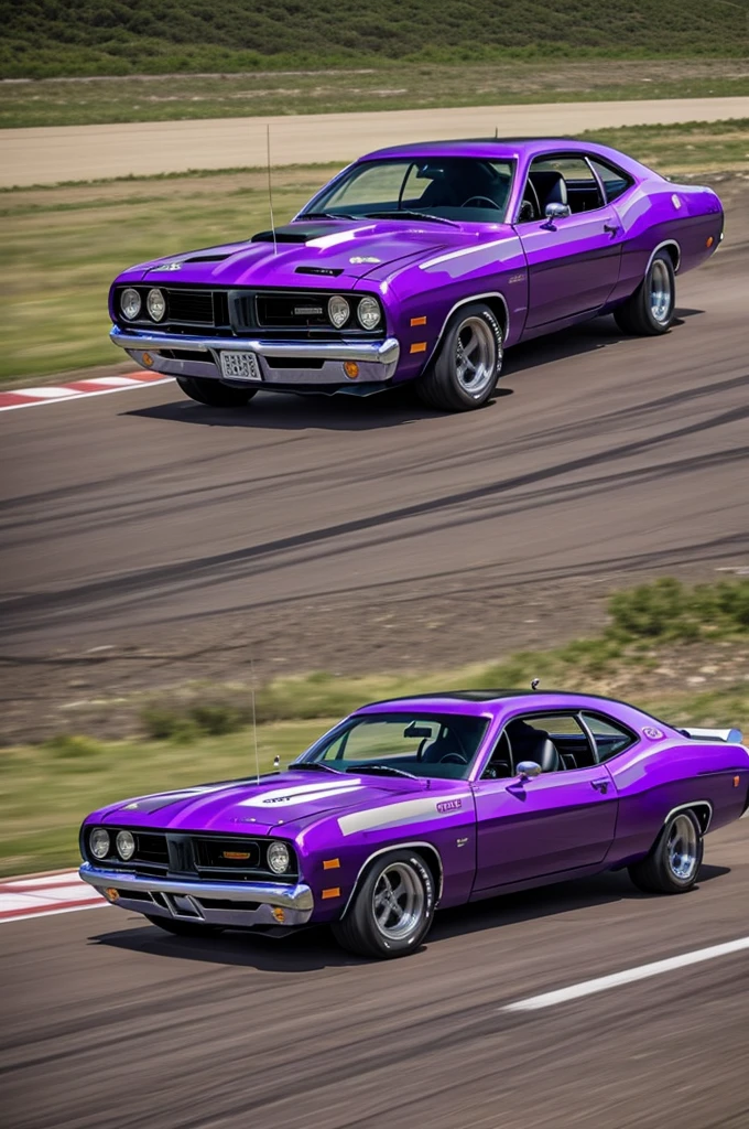 Plymouth Duster 73, purple paint, drifting