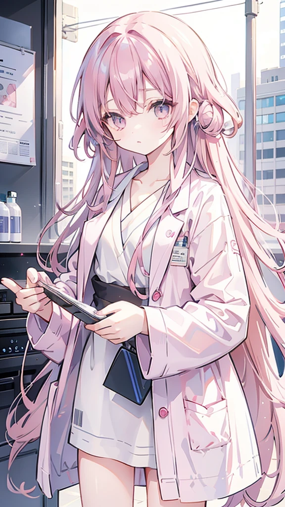 Young Girl,Smoky pink hair,Odd Eye,Confused eyes,Long Hair,Curly hair,Bukabuka lab coat