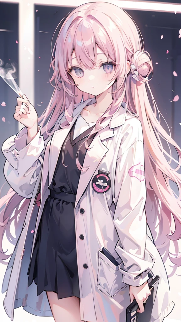 Young Girl,Smoky pink hair,Odd Eye,Confused eyes,Long Hair,Curly hair,Bukabuka lab coat