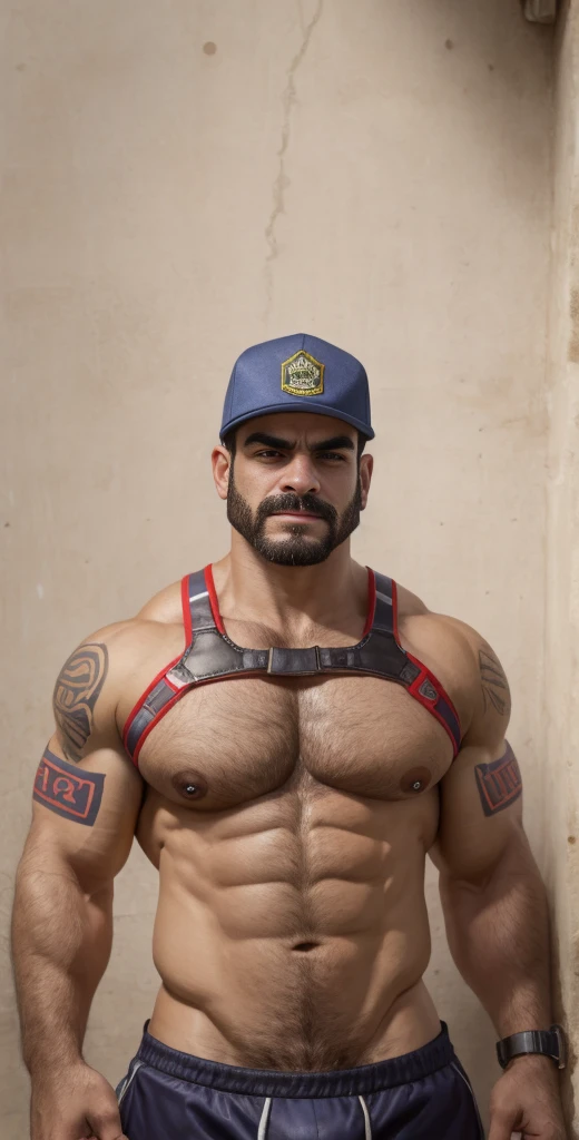 Latino stud, 20 years old, short hair, men, hairy, hairyalpha, BeardAlpha, wearing a tracksuit clothes, wearing a Adidas cap, tight uniform, open shirt, wearing a pectoral harness, oversized pectorals, heavy pectorals, oversized bulge, intimidating, smirking, nipple rings, angry, threatening, bara, prison background