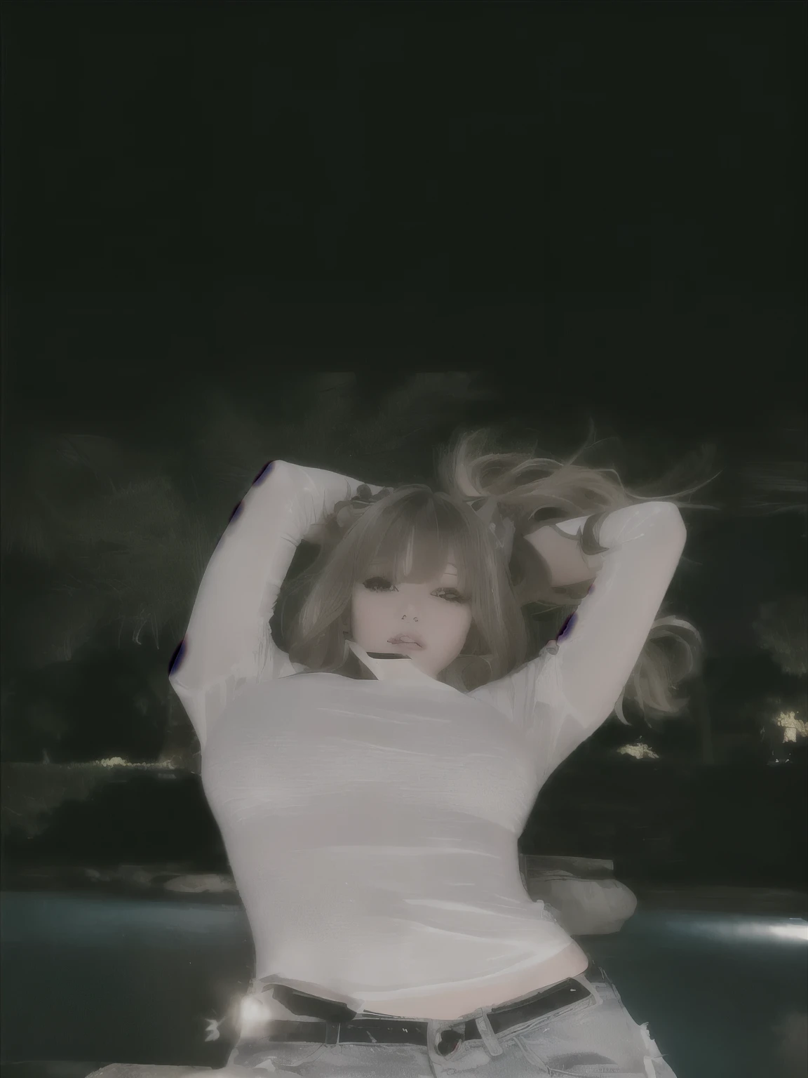 Arafed woman in jeans and a white shirt posing next to a swimming pool., lalisa manobal, Lalisa Manoban of Blackpink, cabello with bangs blanco, with bangs, with bangs completo, portrait of kim petras, long hair with bangs completo, long hair with bangs, neat hair with bangs, brown hair and bangs, long white hair and bangs