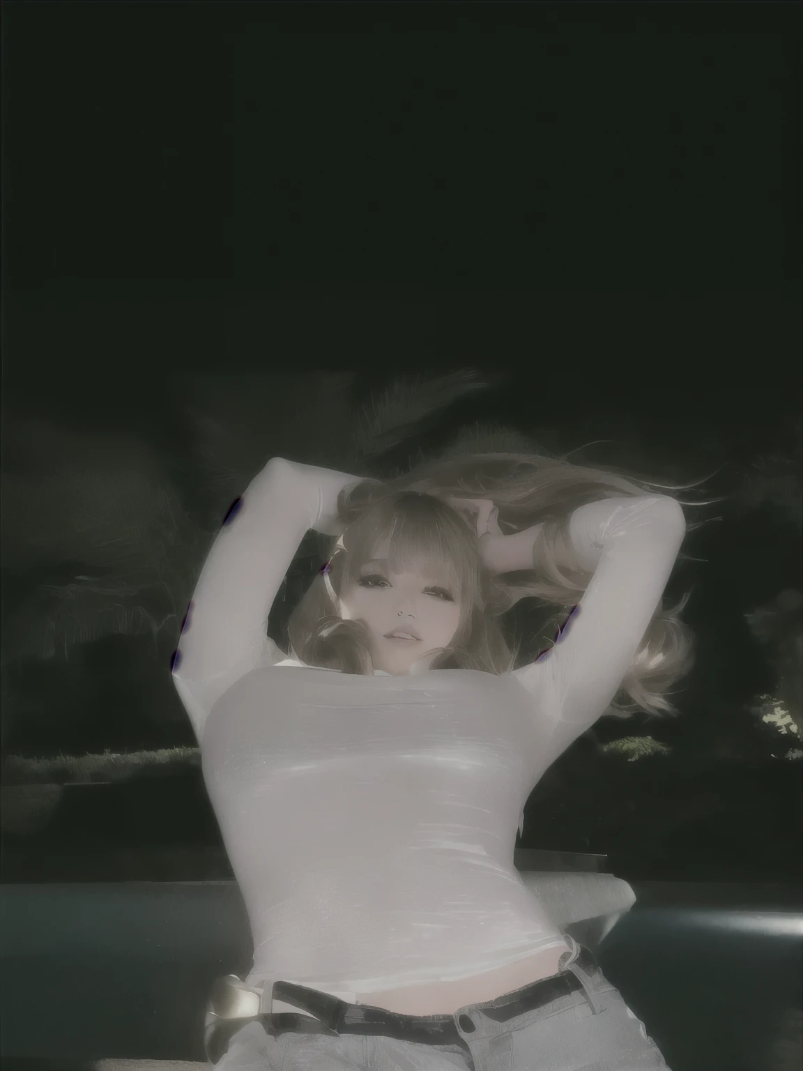 Arafed woman in jeans and a white shirt posing next to a swimming pool., lalisa manobal, Lalisa Manoban of Blackpink, cabello with bangs blanco, with bangs, with bangs completo, portrait of kim petras, long hair with bangs completo, long hair with bangs, neat hair with bangs, brown hair and bangs, long white hair and bangs