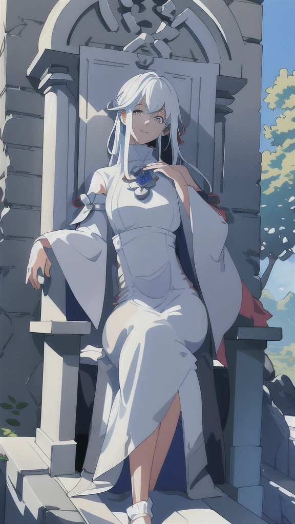 1girl with long white hair lounging on a throne in an old stone castle, bright colors, detailed, elaborate long blue dress, foliage through the stone walls, glowing blue eyes, elegant
