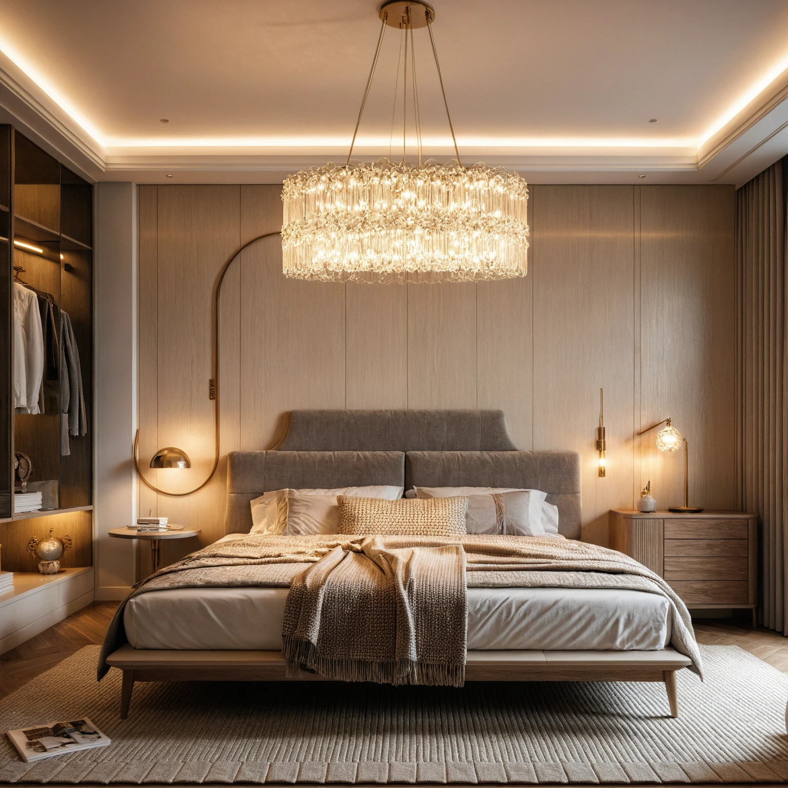 Raw photo,Masterpiece, high quality, best quality, authentic, super detail, interior, indoors, ((bedroom style modern luxury)), sunset, day light, bed, lamp, carpet, curves, bedside cabinets, flower vase, wood floor ,wardrobe, led,