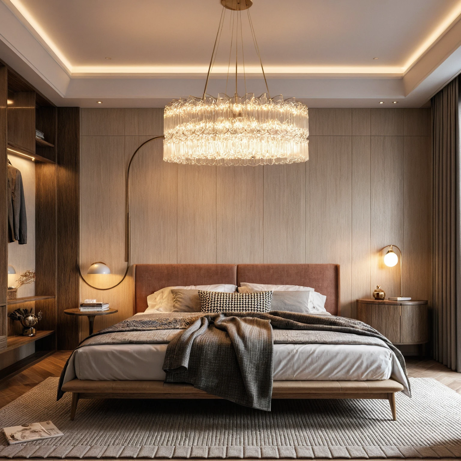 Raw photo,Masterpiece, high quality, best quality, authentic, super detail, interior, indoors, ((bedroom style modern luxury)), sunset, day light, bed, lamp, carpet, curves, bedside cabinets, flower vase, wood floor ,wardrobe, led,