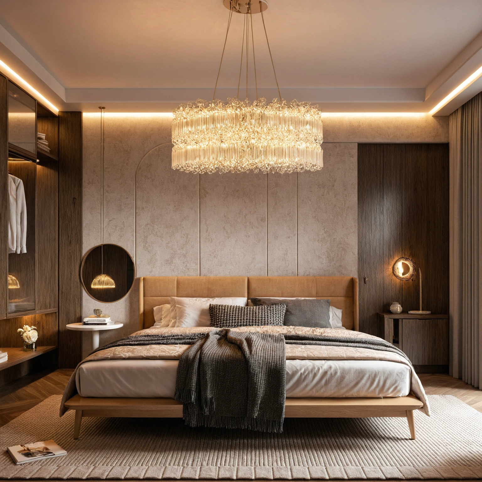 Raw photo,Masterpiece, high quality, best quality, authentic, super detail, interior, indoors, ((bedroom style modern luxury)), sunset, day light, bed, lamp, carpet, curves, bedside cabinets, flower vase, wood floor ,wardrobe, led,