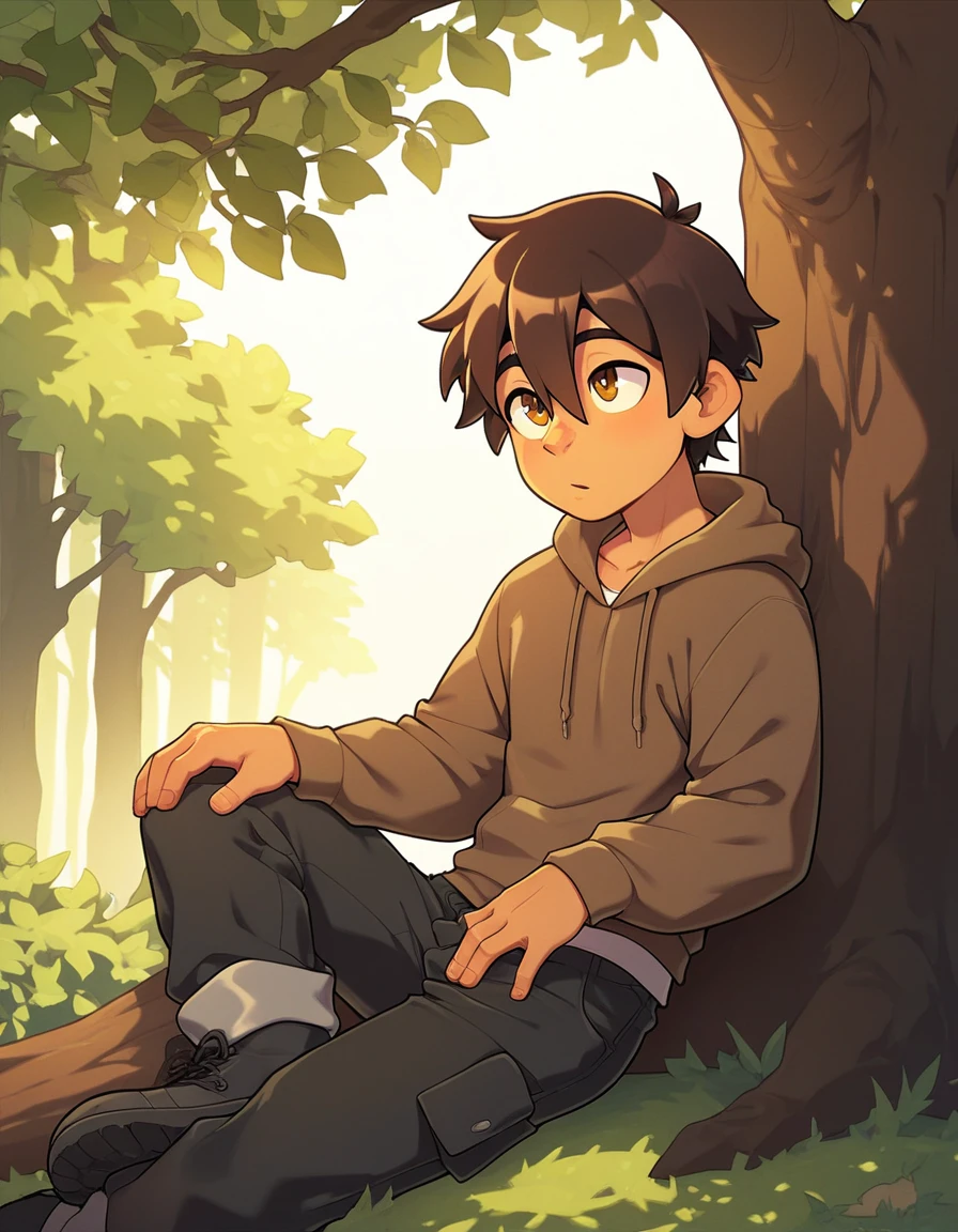 A man sitting against a tree in a forest during the day, wearing a brown hoodie and black cargo pants. The clothing is baggy and oversized, with long sleeves. He has dark brown, medium hair, hair between eyes, and brown eyes. The scene is well-detailed and of the highest quality