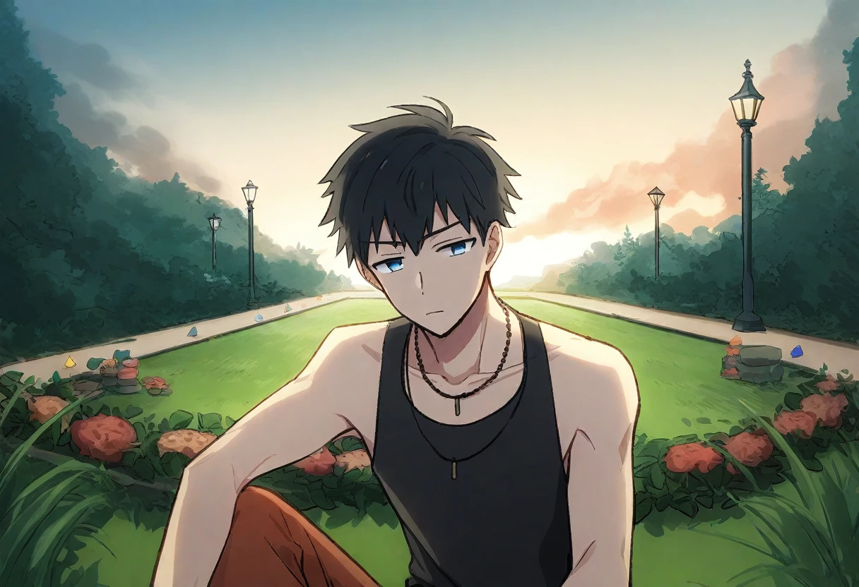 1 young man, alone, focus man, black tank top, tank top, necklace, decorations, stare, annoying, trousers, black hair, Blue eyes, short hair, I brushed it back., look at viewer, sky, cloud, garden, garden ม้าsit, ม้าsit, sit, on ม้าsit, sit on ม้าsit, tree, light pole, outdoor, best quality, Amazing quality, The best aesthetics, nonsense, Year 2023