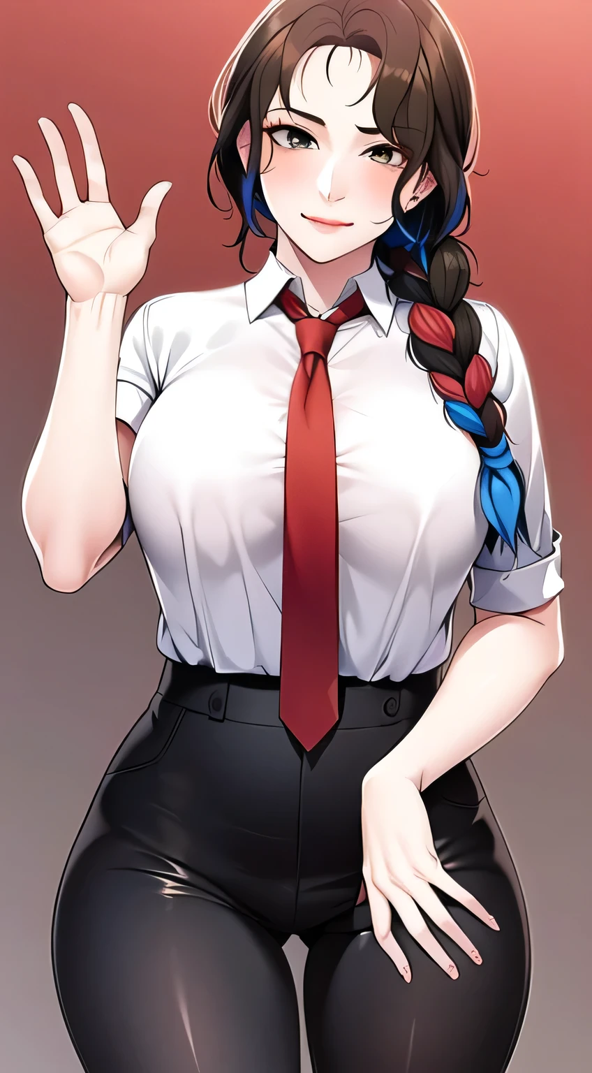 muff, red hair, black hair, multicolored hair, breasts, 1girl, braid, breasts, red_background, necktie, shirt, pants, ringed_eyes, smile, black_pants, braided_ponytail, looking_at_viewer, collared_shirt, shirt_tucked_in, formal, simple_background, long_sleeves, bangs, black_necktie, large_breasts, business_suit, suit, monochrome, high-waist_pants, long_hair, office_lady, closed_mouth