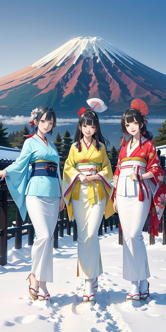 best quality, masterpiece,
Three japanese high school girls with a great sense of style,
looking straight ahead and striking a gutsy pose are standing (separately:1.4), side by side,
wearing a striking(yellow, red, blue, green) kimono with a flower motif,
(white feather shawl around her neck:1.3),
((too much smile)), very cute, face, head and waist fully visible,
upper arms hidden by clothes and hair,
(only one well-shaped beautiful mount Fuji is completely covered with white snow from top to bottom:1.5),
(vermilion shrine entrance:1.2), very thick and large pine trees, winter(season),
Snow is accumulating on the roof and pine trees. ,(outdoors:1.5),