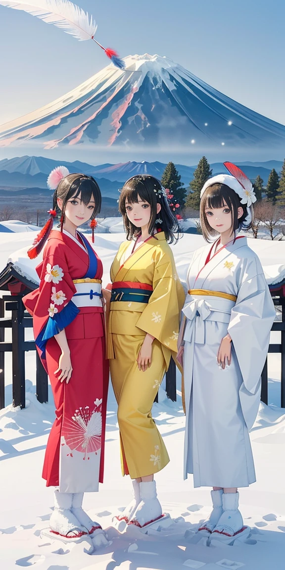 best quality, masterpiece,
Three japanese high school girls with a great sense of style,
looking straight ahead and striking a gutsy pose are standing (separately:1.4), side by side,
wearing a striking(yellow, red, blue, green) kimono with a flower motif,
(white feather shawl around her neck:1.3),
((too much smile)), very cute, face, head and waist fully visible,
upper arms hidden by clothes and hair,
(only one well-shaped beautiful mount Fuji is completely covered with white snow from top to bottom:1.5),
(vermilion shrine entrance:1.2), very thick and large pine trees, winter(season),
Snow is accumulating on the roof and pine trees. ,(outdoors:1.5),