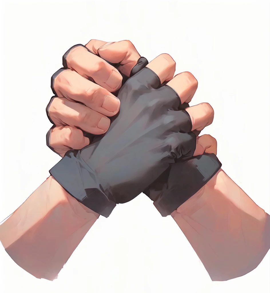 there are two hands holding each other with black Gloves, Gloves on hands, Clenched fist, wearing Gloves, Big fists, Squeeze your hands, Gloves, Heavy hand gesture style close-up, Bandage wrapped around fist, Simple Hands, Fingers crossed, prayer hands, Correction hand, Normal hand, coherent hands, Gloves, arm wrestling, Low polygon hand