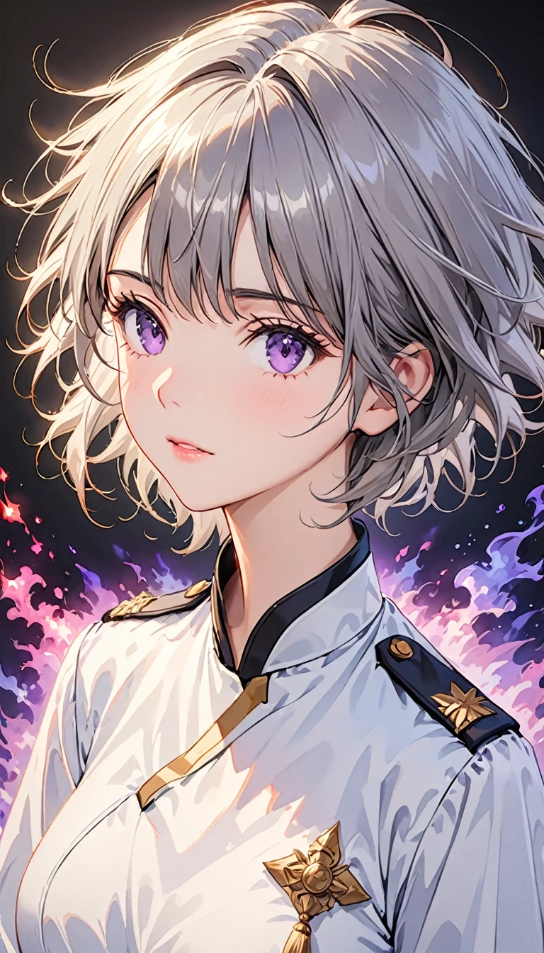 ((Top Quality)), ((Masterpiece)), (Detail), high resolution, Perfect Face, Fine Eyes, Depth of Field, Special Shading, (photorealistic), (upper body), (1 beautiful girl), demon, medium breasts, (grey hair, vary short hair, messy hair), ((white military uniform, short pants)) BREAK (aura effect1.2), She wears a purple aura, Light particles, (simple black background)