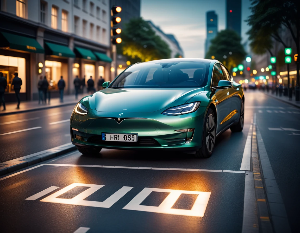 city road，electric car, Waiting for traffic lights，Wireless charging桩，Wireless charging，Ground battery sign，Digital Artwork,  Extremely high-resolution details, photography, Realism is pushed to the extreme, Delicate texture, Lifelike . Shallow depth of field, Vignette, Very detailed, High Budget, Bokeh, Widescreen, Moody, epic, Gorgeous, Film Grain, Granular