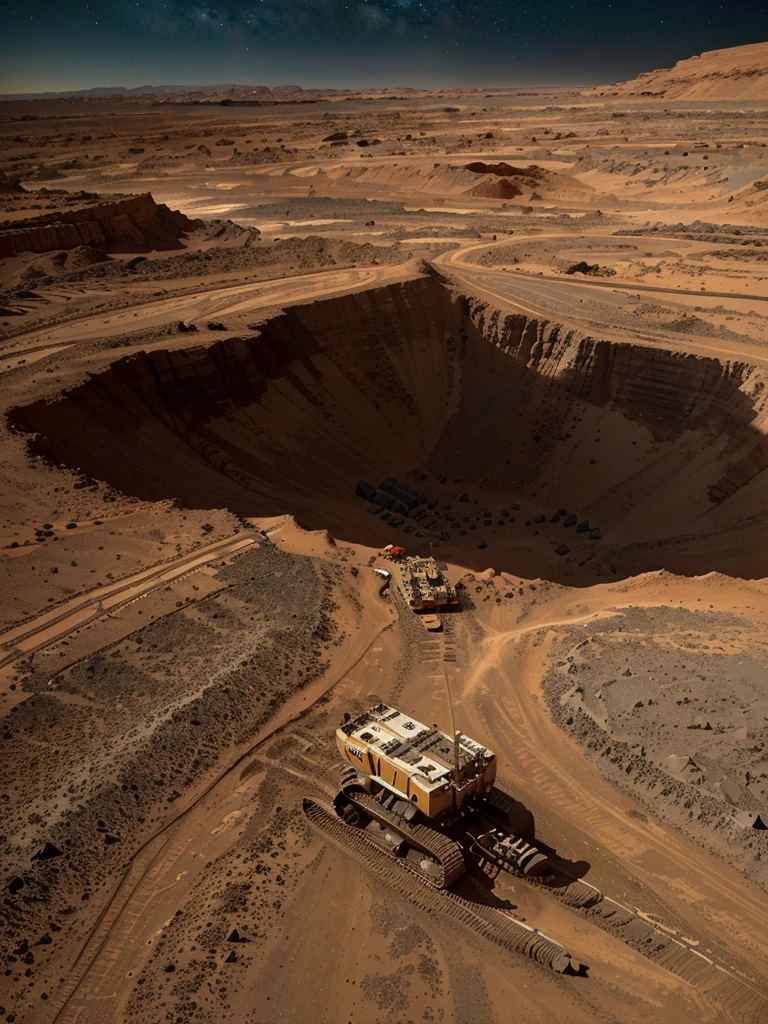 On Mars, huge, Cutting-edge mining excavator at work. Metallic glossy texture, Mineral conveyor belts, and miners spread across the surface of Mars. bright pictures, different machines, Starry Sky, daytime, Delve into large mechanical details, Ultra wide angle, Aerial View, Highly realistic, Light and Dark