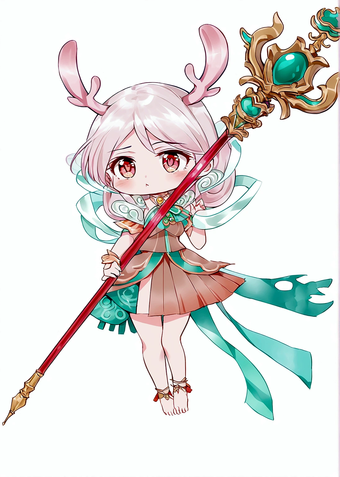 Cartoon anime style，girl，Pink hair，antlers，skirt，Scepter，Barefoot