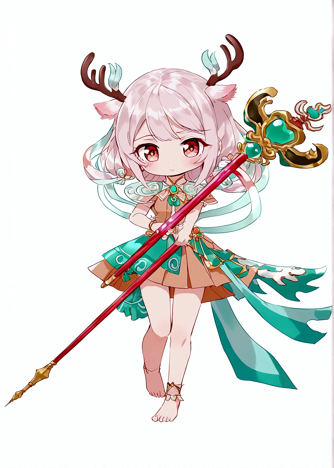 Cartoon anime style,girl,Pink hair,antlers,skirt,Scepter,Barefoot