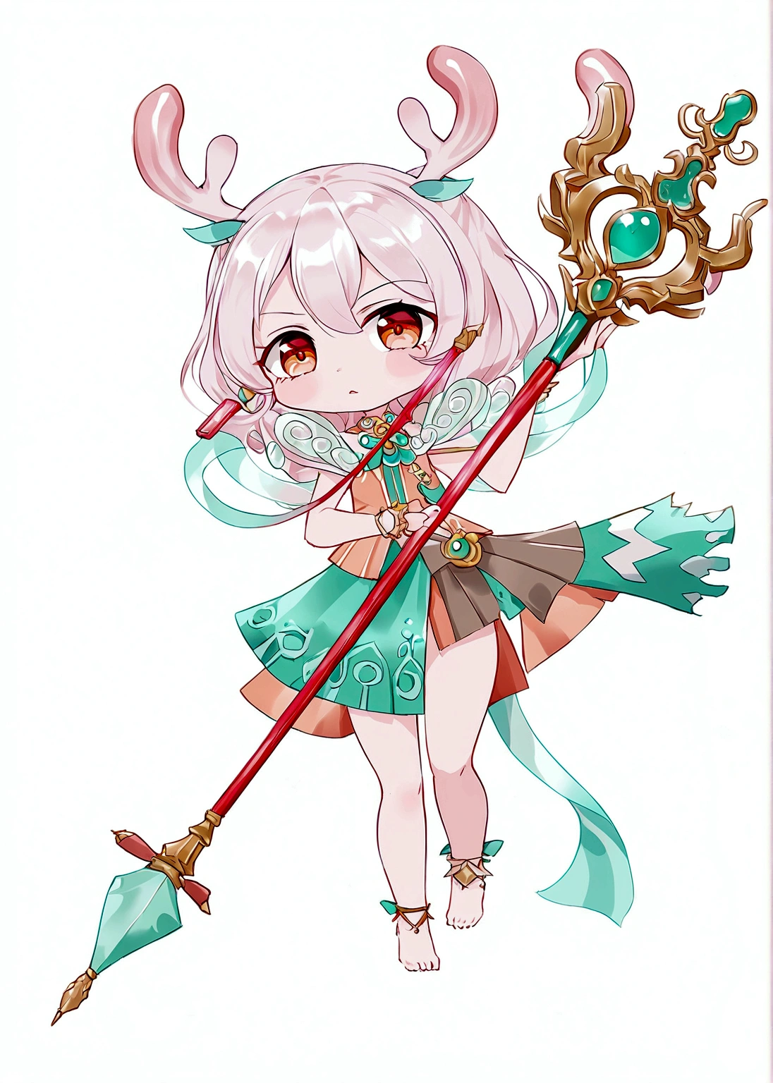 Cartoon anime style，girl，Pink hair，antlers，skirt，Scepter，Barefoot