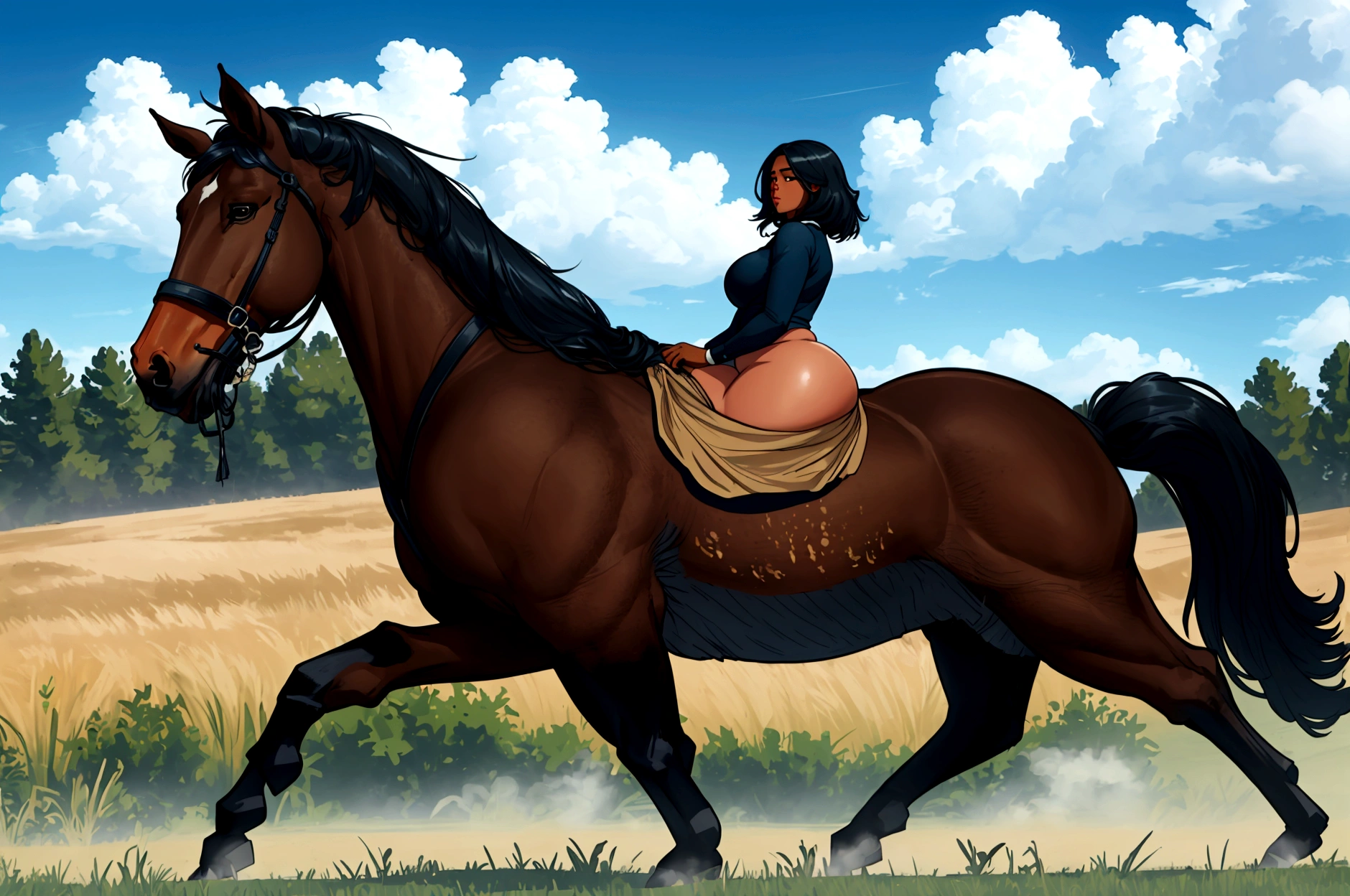 full side view of a big Belgian draft horse mare with a huge bum and a very short tail. horse facing horizon . ridden by a BBW very full figured dark skinned BBW nude African woman. flat grass meadow. looking to horizon . a single huge pile of steaming horse dung on the ground behind horse. cloudless blue sky.
