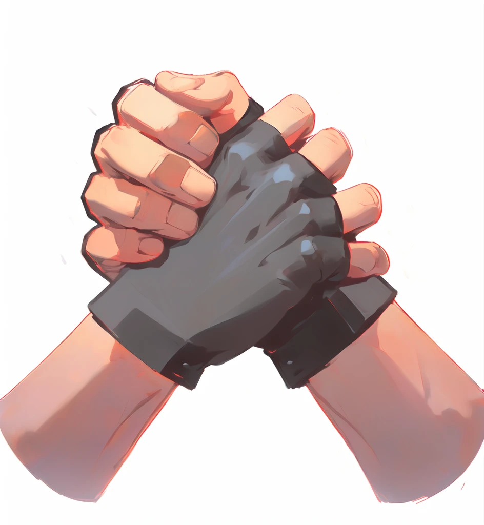 there are two hands holding each other with black Gloves, Gloves on hands, Clenched fist, wearing Gloves, Big fists, Squeeze your hands, Gloves, Heavy hand gesture style close-up, Bandage wrapped around fist, Simple Hands, Fingers crossed, prayer hands, Correction hand, Normal hand, coherent hands, Gloves, arm wrestling, Low polygon hand