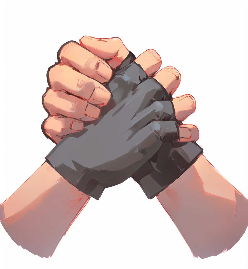 there are two hands holding each other with black Gloves, Gloves on hands, Clenched fist, wearing Gloves, Big fists, Squeeze your hands, Gloves, Heavy hand gesture style close-up, Bandage wrapped around fist, Simple Hands, Fingers crossed, prayer hands, Correction hand, Normal hand, coherent hands, Gloves, arm wrestling, Low polygon hand