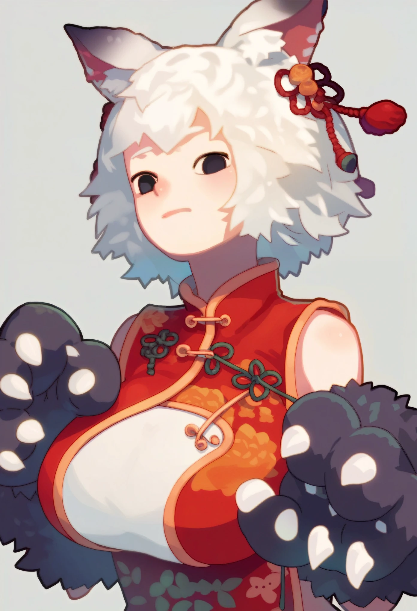 score_9, score_8_up, score_7_up, source_anime, rating_questionable, kurzg3sagt renxion, chinese clothes, animal ears, monster girl, animal hands, large breasts, black eyes, fur, white hair, short hair, upper body,