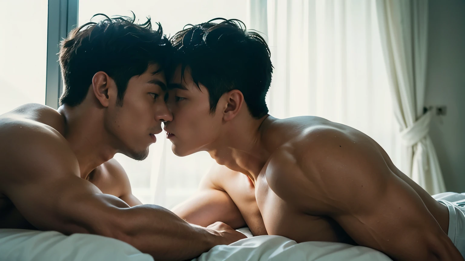 3boys, a stunningly handsome filipino man with light brown hair, an extremely handsome taiwanese man with medium length curtain blond hair, straddles him in bed, kiss, third handsome man in the background watches them, muscular bodybuilders, looking directly at each other lovingly, windows are wide open, sheer white curtains billowing dramatically in the wind, extremely dramatic shadows, romantic atmosphere