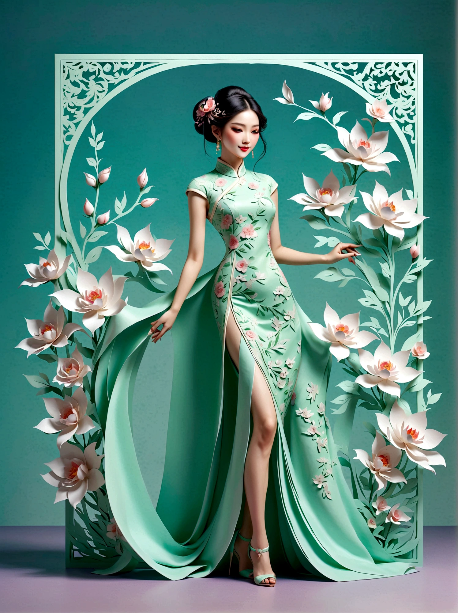 (paper art, Quilted paper art, 3d), (full body:1.5), 1 Cheongsam woman，shy，Close your eyes，slim body，Perfect proportions，Exquisite hair accessories，Smile，Oriental elements，Simple background，Mint Green，(Soft lighting，bokeh)，high quality，4K