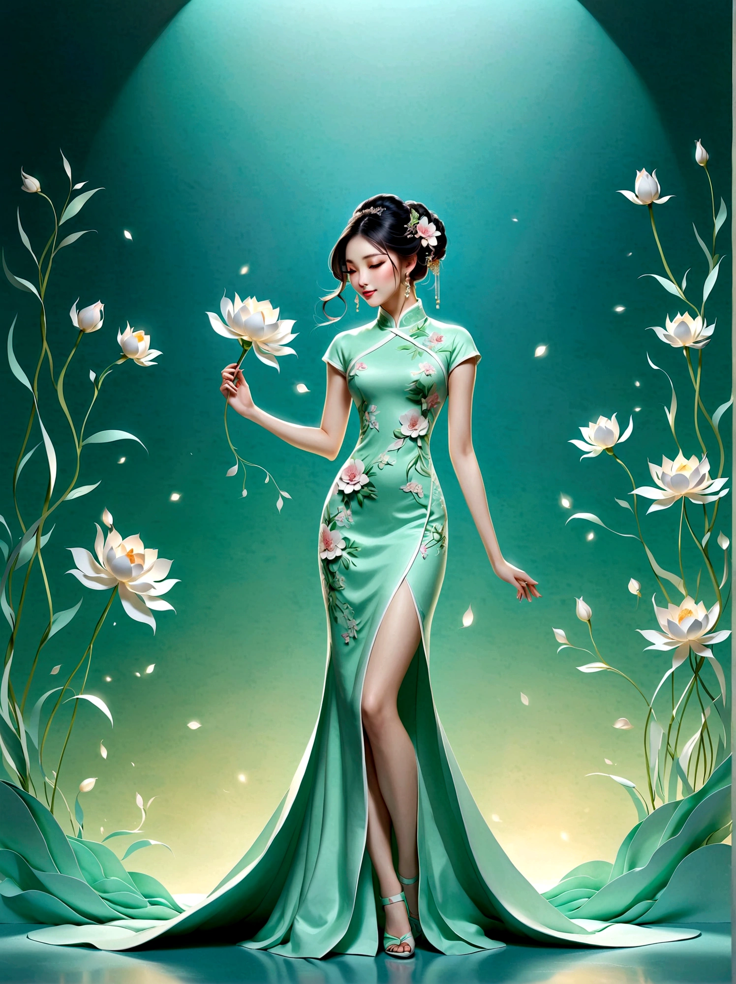 (paper art, Quilted paper art, 3d), (full body:1.5), 1 Cheongsam woman，shy，Close your eyes，slim body，Perfect proportions，Exquisite hair accessories，Smile，Oriental elements，Simple background，Mint Green，(Soft lighting，bokeh)，high quality，4K